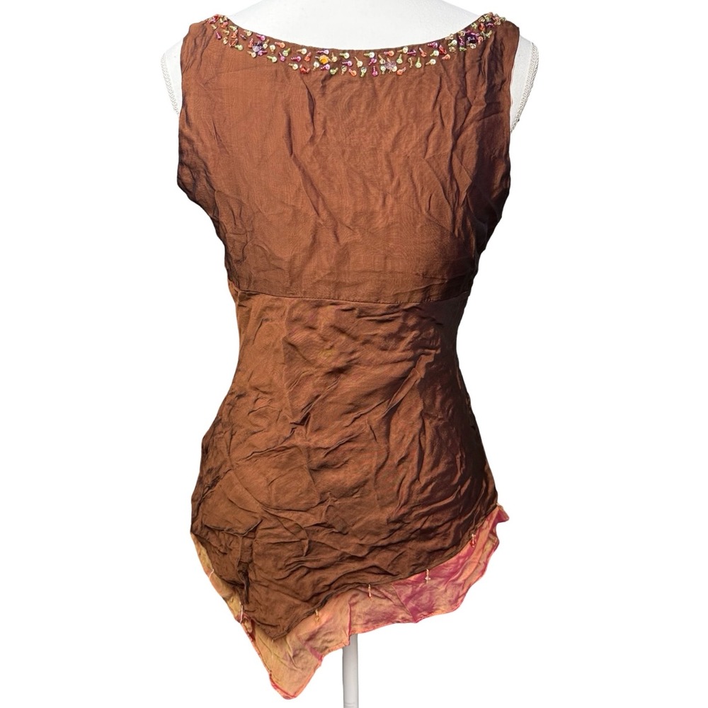 Y2K Fairy Grunge Beaded Handkerchief Hem Silk Tank Top Boho Brown Small - Picture 3 of 9